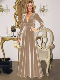 A-Line/Princess V-Neck Long Sleeve Velvet Floor-Length Evening Dresses