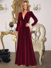 A-Line/Princess V-Neck Long Sleeve Velvet Floor-Length Evening Dresses