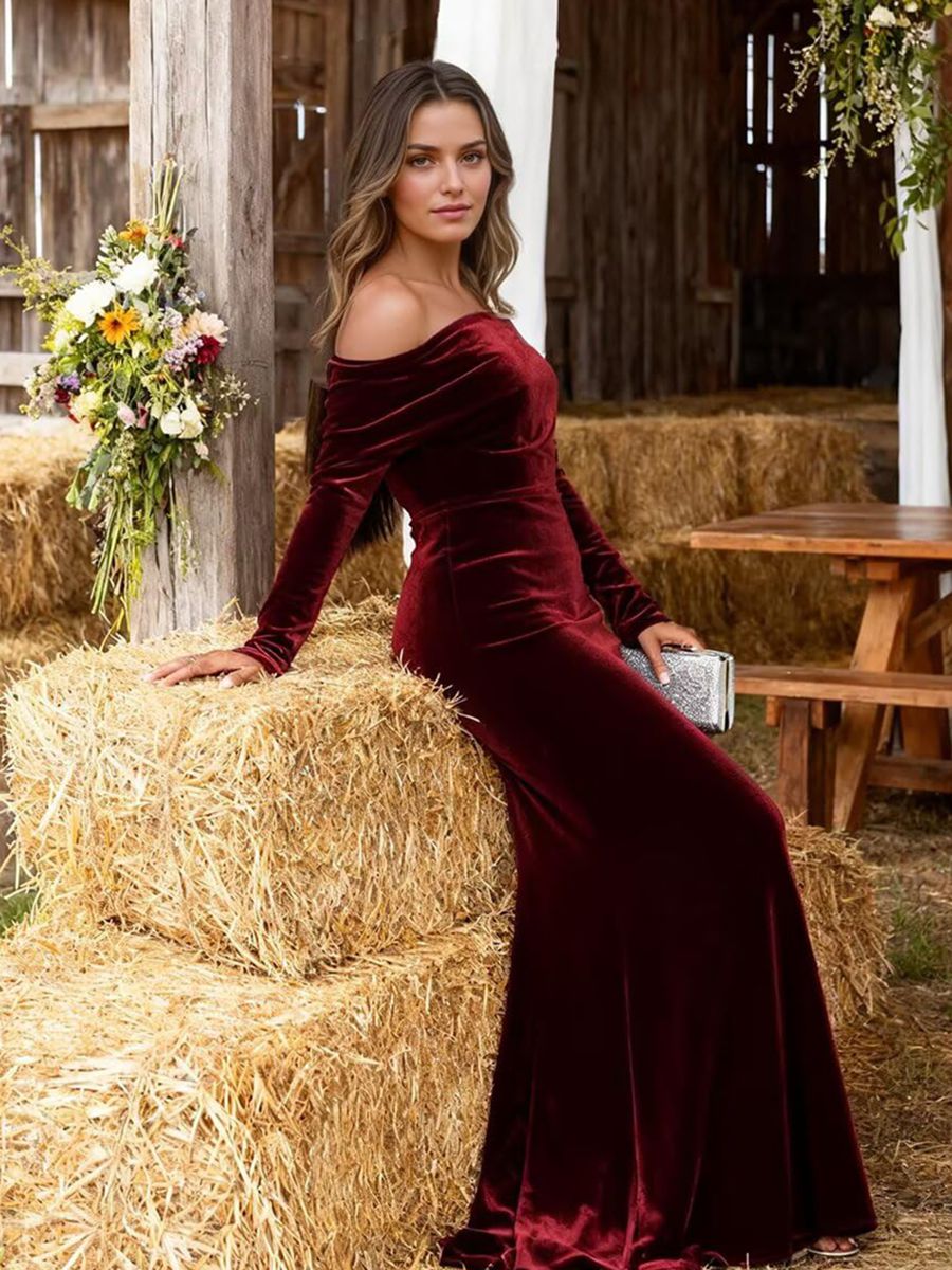 Mermaid/Trumpet Ruched Velvet Floor-Length Formal Dresses with Long Sleeve