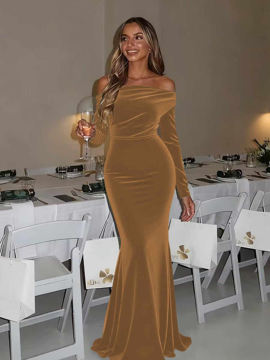 Mermaid/Trumpet Ruched Velvet Floor-Length Formal Dresses with Long Sleeve
