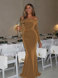 Mermaid/Trumpet Ruched Velvet Floor-Length Formal Dresses with Long Sleeve