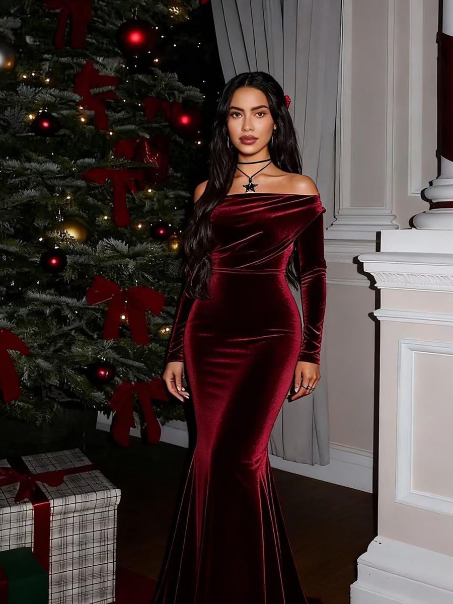 Mermaid/Trumpet Ruched Velvet Floor-Length Formal Dresses with Long Sleeve