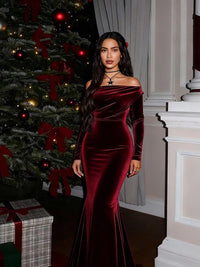 Mermaid/Trumpet Ruched Velvet Floor-Length Formal Dresses with Long Sleeve
