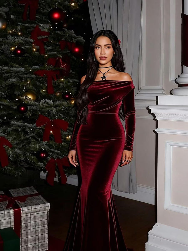 Mermaid/Trumpet Ruched Velvet Floor-Length Formal Dresses with Long Sleeve