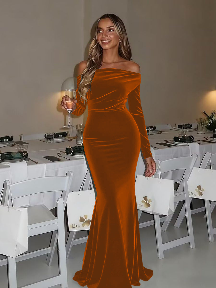 Mermaid/Trumpet Ruched Velvet Floor-Length Formal Dresses with Long Sleeve