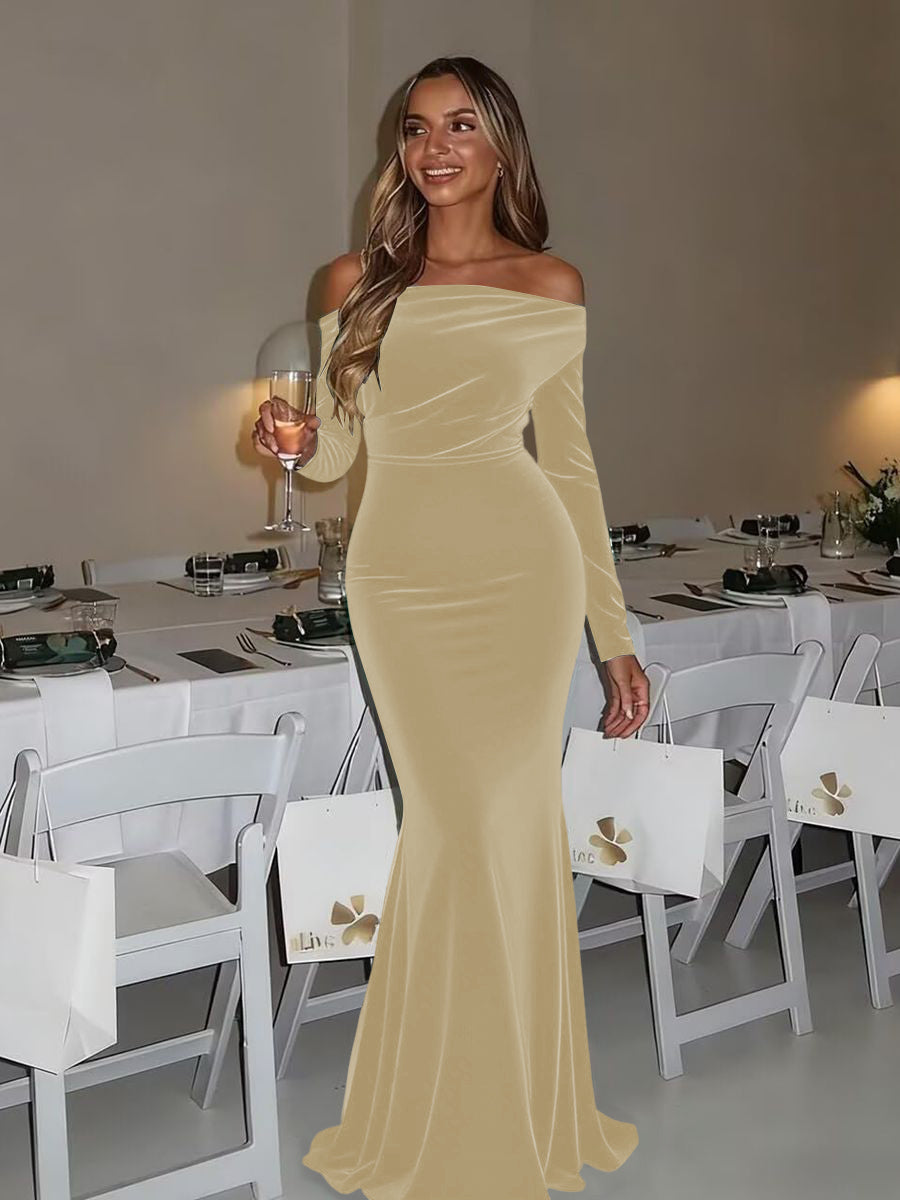 Mermaid/Trumpet Ruched Velvet Floor-Length Formal Dresses with Long Sleeve