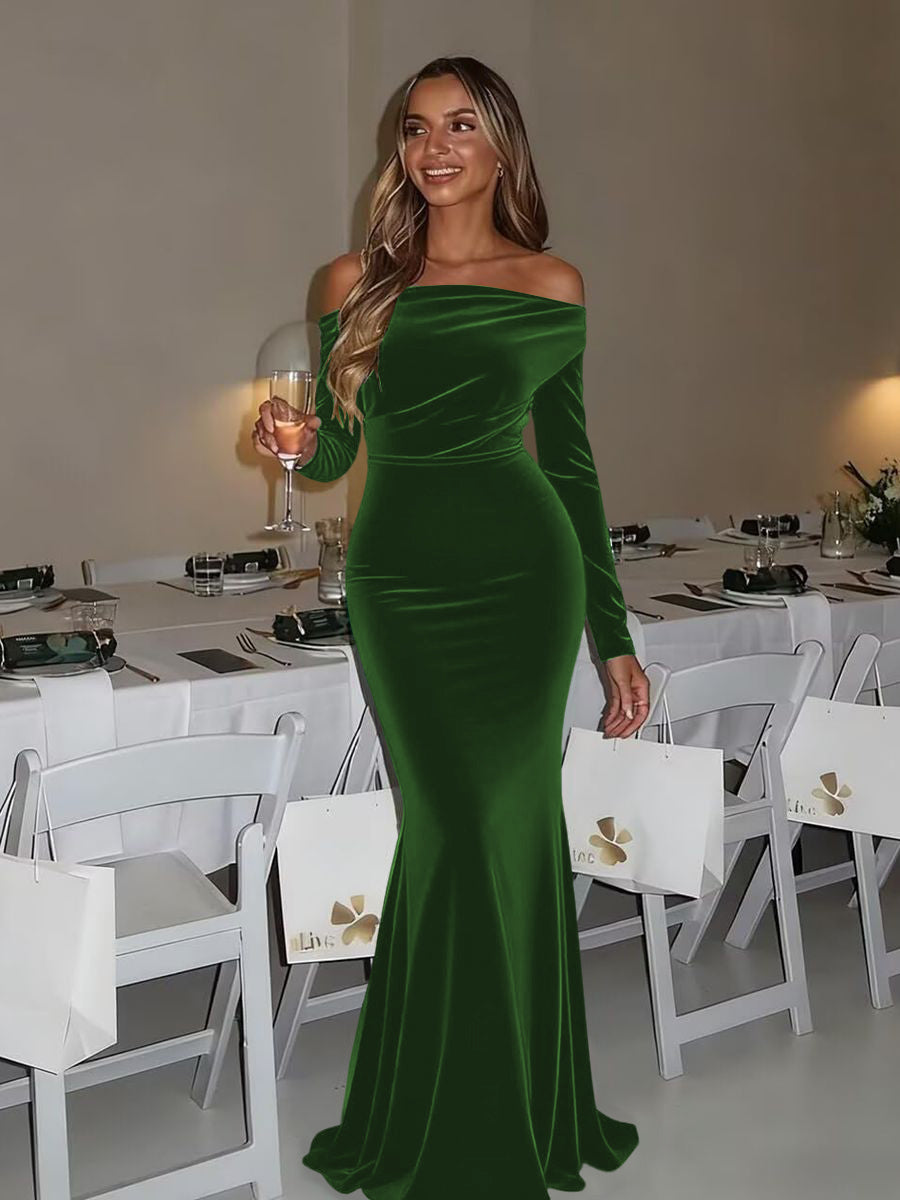 Mermaid/Trumpet Ruched Velvet Floor-Length Formal Dresses with Long Sleeve