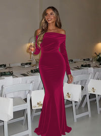 Mermaid/Trumpet Ruched Velvet Floor-Length Formal Dresses with Long Sleeve