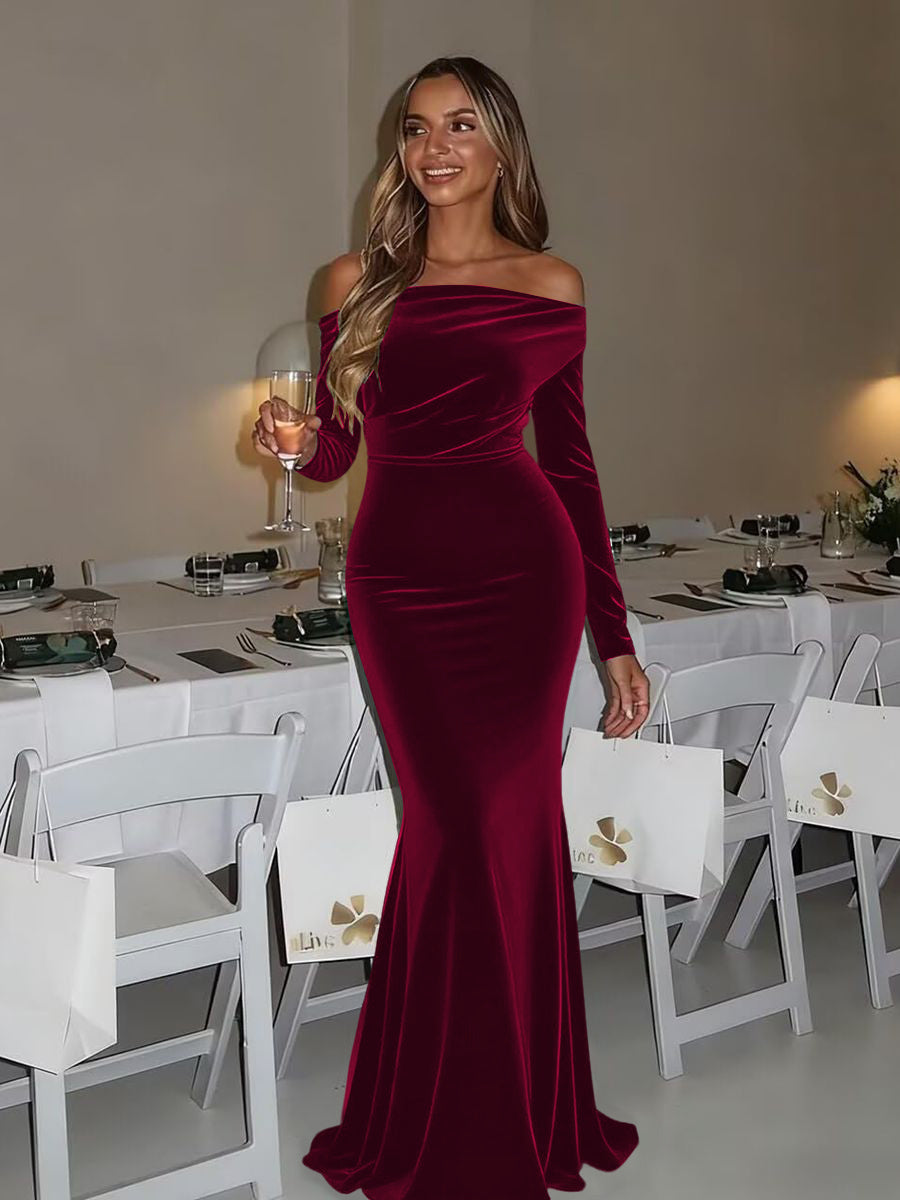 Mermaid/Trumpet Ruched Velvet Floor-Length Formal Dresses with Long Sleeve