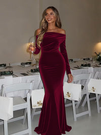 Mermaid/Trumpet Ruched Velvet Floor-Length Formal Dresses with Long Sleeve