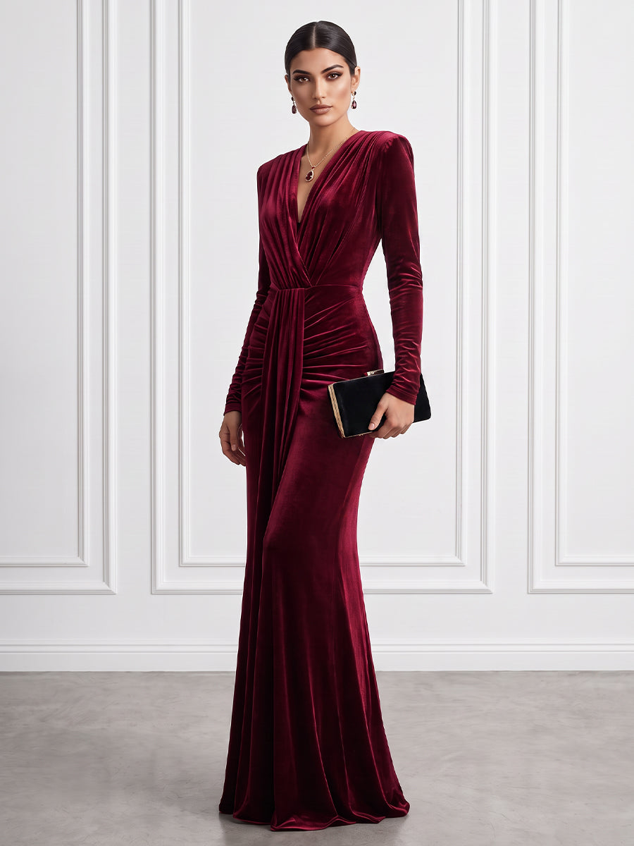 Mermaid/Trumpet V-Neck Long Sleeve Velvet Floor-Length Formal Dresses with Ruffle