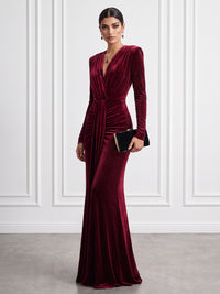 Mermaid/Trumpet V-Neck Long Sleeve Velvet Floor-Length Formal Dresses with Ruffle