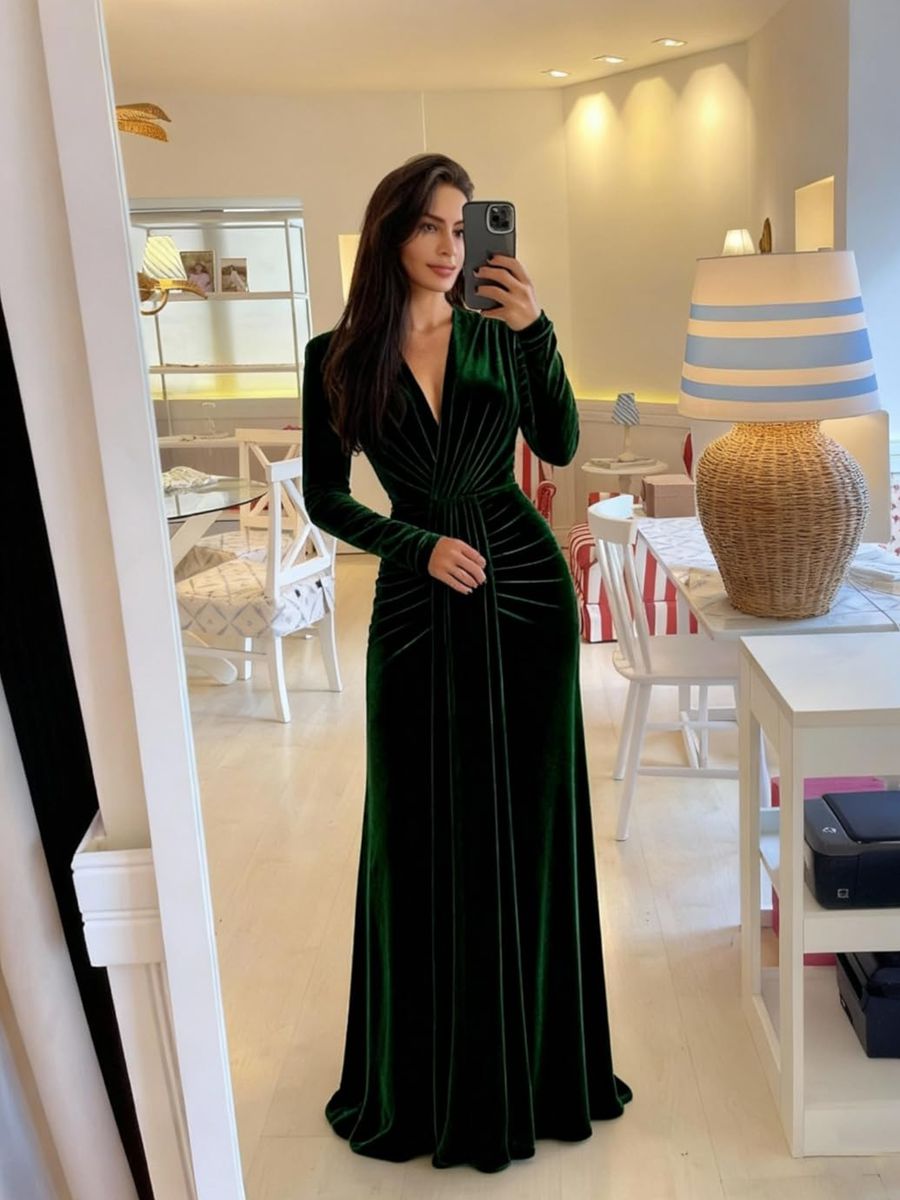 Mermaid/Trumpet V-Neck Long Sleeve Velvet Floor-Length Formal Dresses with Ruffle