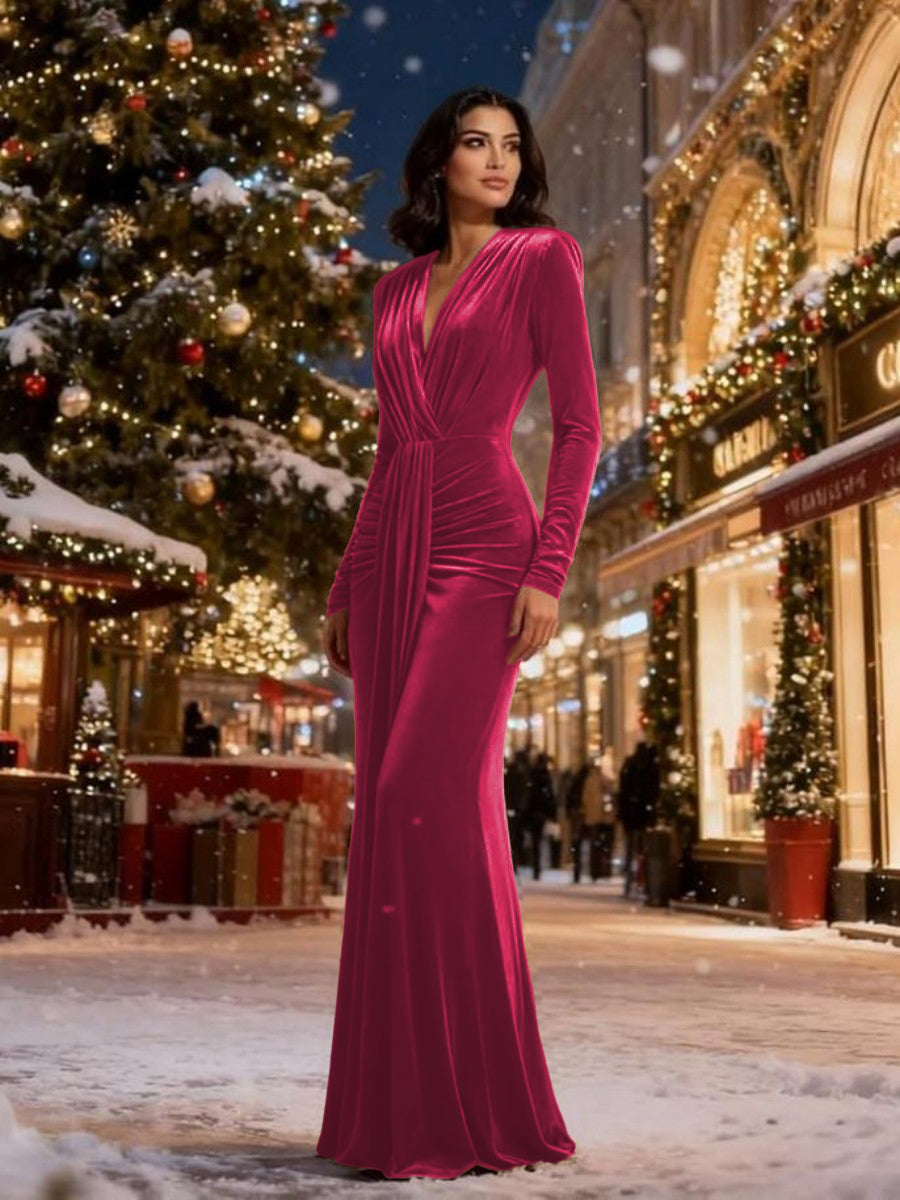 Mermaid/Trumpet V-Neck Long Sleeve Velvet Floor-Length Formal Dresses with Ruffle
