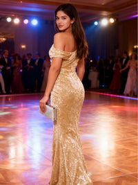 Mermaid/Trumpet One Shoulder Ruched Floor-Length Evening Dresses with Sparkly Sequin