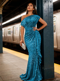 Mermaid/Trumpet One Shoulder Ruched Floor-Length Evening Dresses with Sparkly Sequin