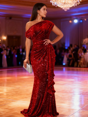 Mermaid/Trumpet One Shoulder Ruched Floor-Length Formal Dresses with Sparkly Sequin