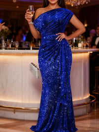 Mermaid/Trumpet One Shoulder Ruched Floor-Length Evening Dresses with Sparkly Sequin