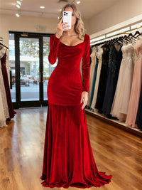 Mermaid/Trumpet Long Sleeves Velvet Ruched Floor-Length Formal Dresses