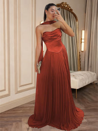 A-Line/Princess Cowl Neck Satin Ruched Floor-Length Formal Dresses with Scarf