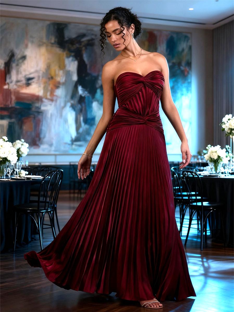 A-Line/Princess Strapless Pleated Satin Floor-Length Formal Dresses with Drop Waist
