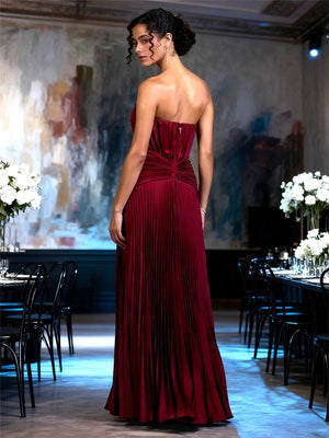 A-Line/Princess Strapless Pleated Satin Floor-Length Formal Dresses with Drop Waist