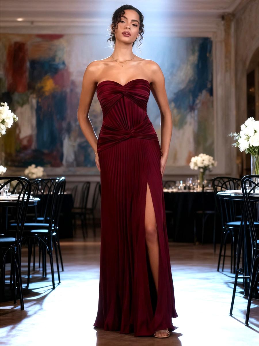 A-Line/Princess Strapless Pleated Satin Floor-Length Formal Dresses with Drop Waist