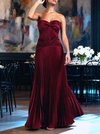 A-Line/Princess Strapless Pleated Satin Floor-Length Formal Dresses with Drop Waist