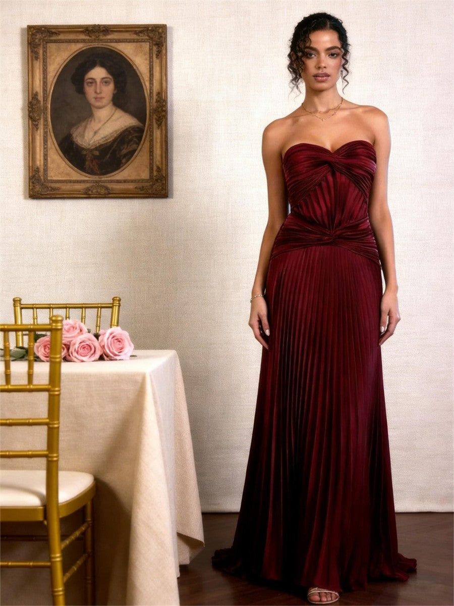 A-Line/Princess Strapless Pleated Satin Floor-Length Formal Dresses with Drop Waist
