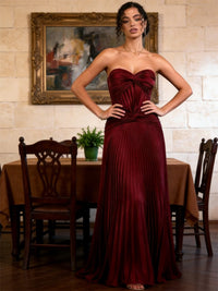 A-Line/Princess Strapless Pleated Satin Floor-Length Formal Dresses with Drop Waist