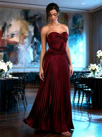 A-Line/Princess Strapless Pleated Satin Floor-Length Formal Dresses with Drop Waist