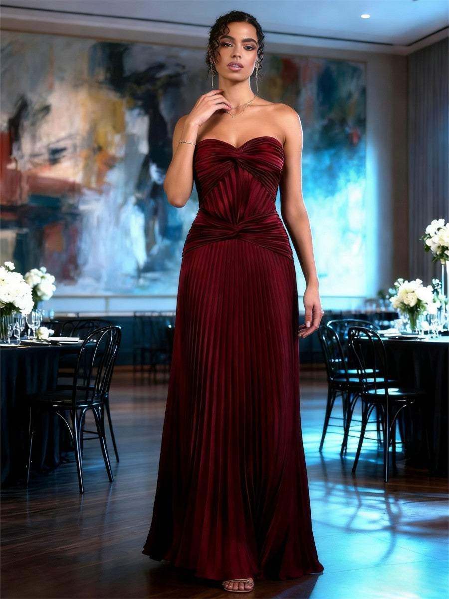 A-Line/Princess Strapless Pleated Satin Floor-Length Formal Dresses with Drop Waist