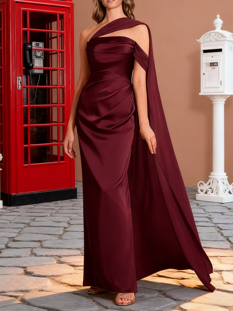 Sheath/Column Off Shoulder Asymmetrical Ruched Floor-Length Formal Dresses with Drape