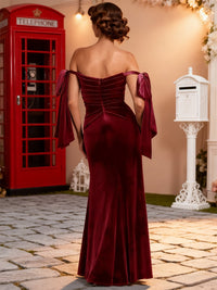 Sheath/Column Off Shoulder Velvet Ruched Floor-Length Formal Dresses with Bowknot