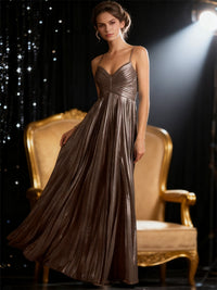 Sheath/Column Spaghetti Strap V-Neck Floor-Length Formal Dresses with Pleated Satin