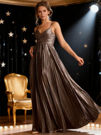 Sheath/Column Spaghetti Strap V-Neck Floor-Length Formal Dresses with Pleated Satin