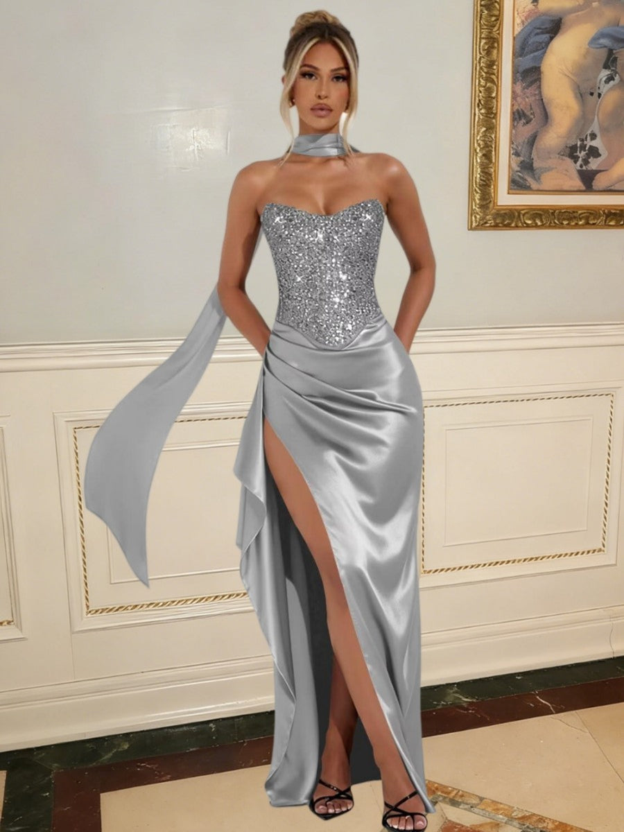 Sheath/Column Strapless Patchwork Ruffle Floor-Length Formal Dresses with Scarf