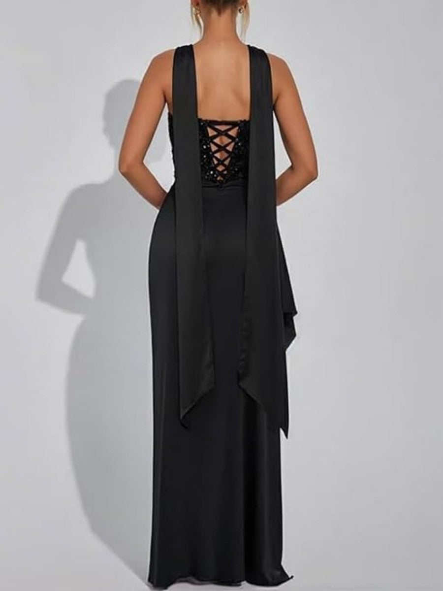Sheath/Column Strapless Patchwork Ruffle Floor-Length Formal Dresses with Scarf
