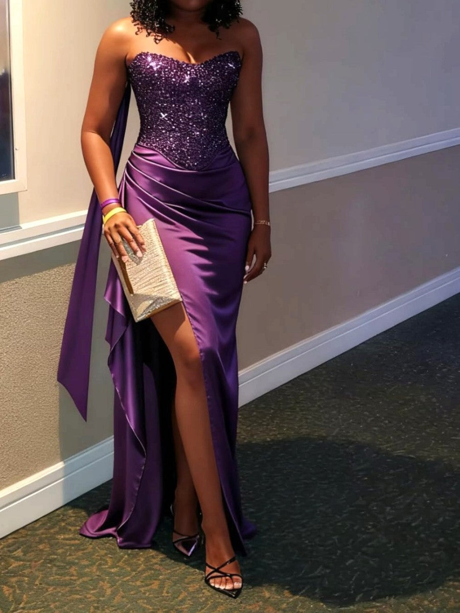 Sheath/Column Strapless Patchwork Ruffle Floor-Length Formal Dresses with Scarf