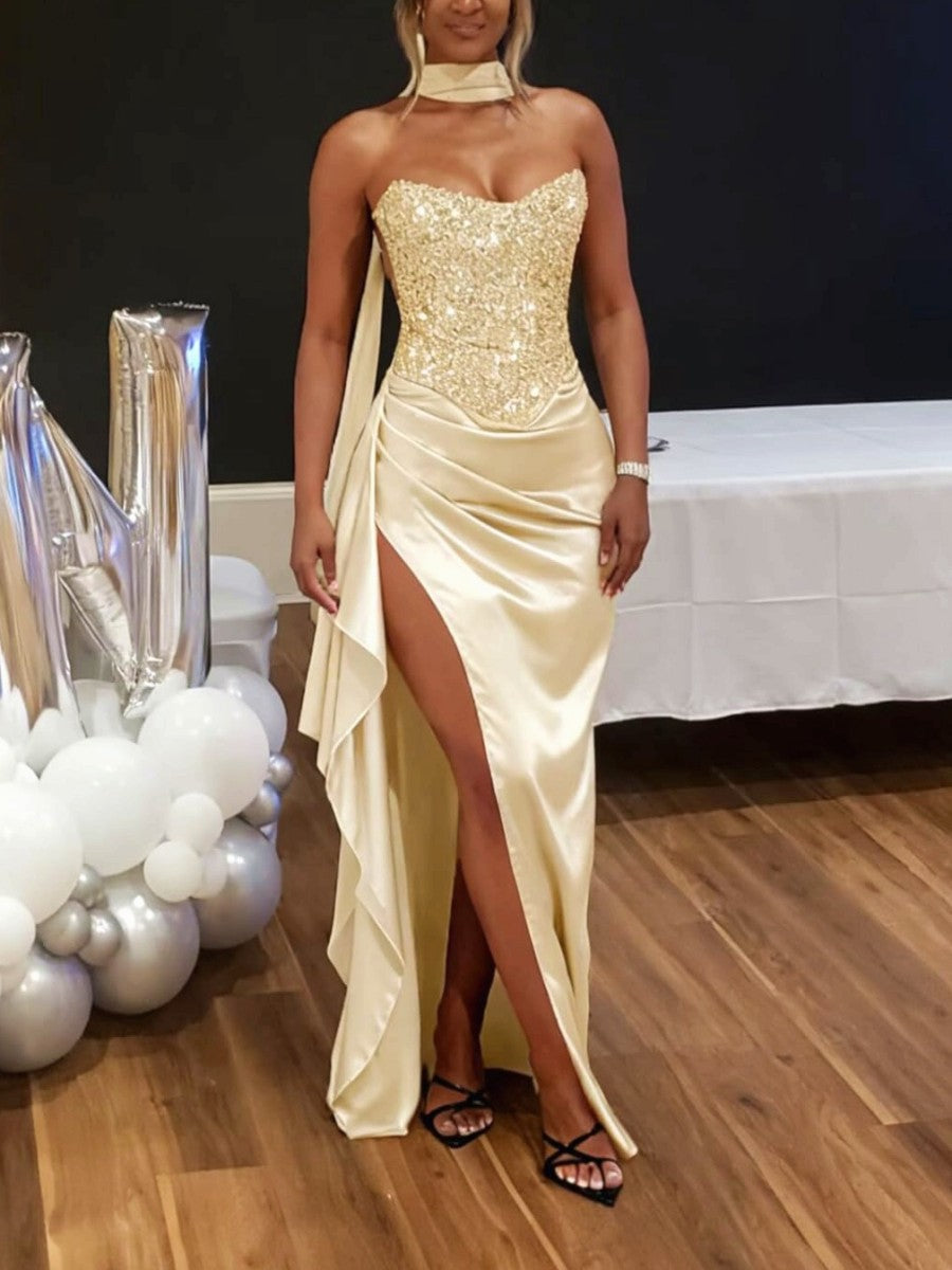 Sheath/Column Strapless Patchwork Ruffle Floor-Length Formal Dresses with Scarf