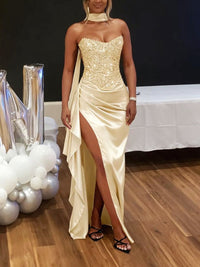 Sheath/Column Strapless Patchwork Ruffle Floor-Length Formal Dresses with Scarf