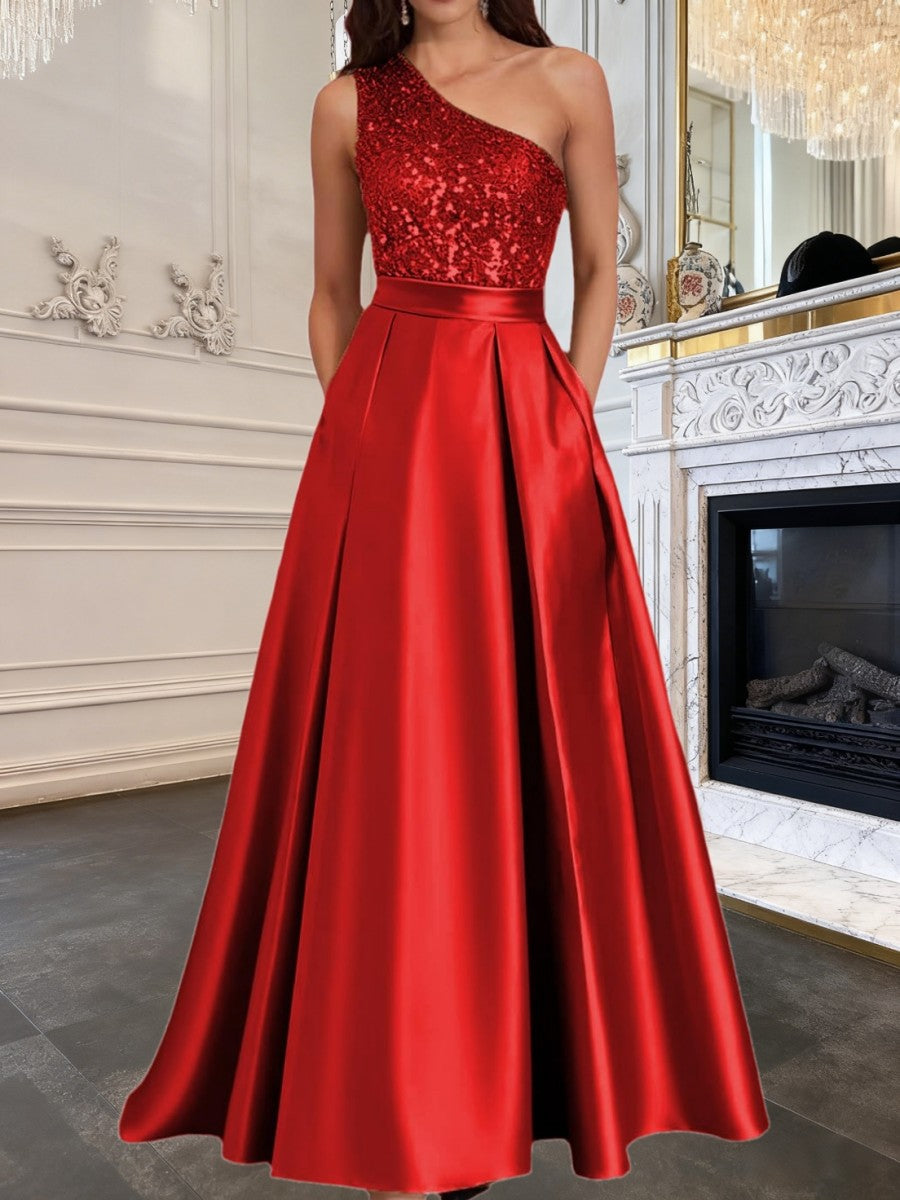 A-Line/Princess One Shoulder Empire Waist Floor-Length Formal Evening Dresses with Sequin