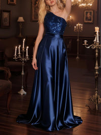 A-Line/Princess One Shoulder Empire Waist Floor-Length Formal Evening Dresses with Sequin