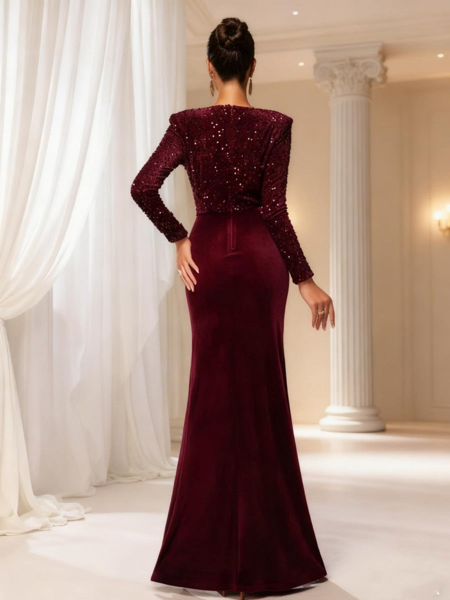 Sheath/Column V-Neck Long Sleeves Empire Waist Floor-Length Formal Dresses with Sequin