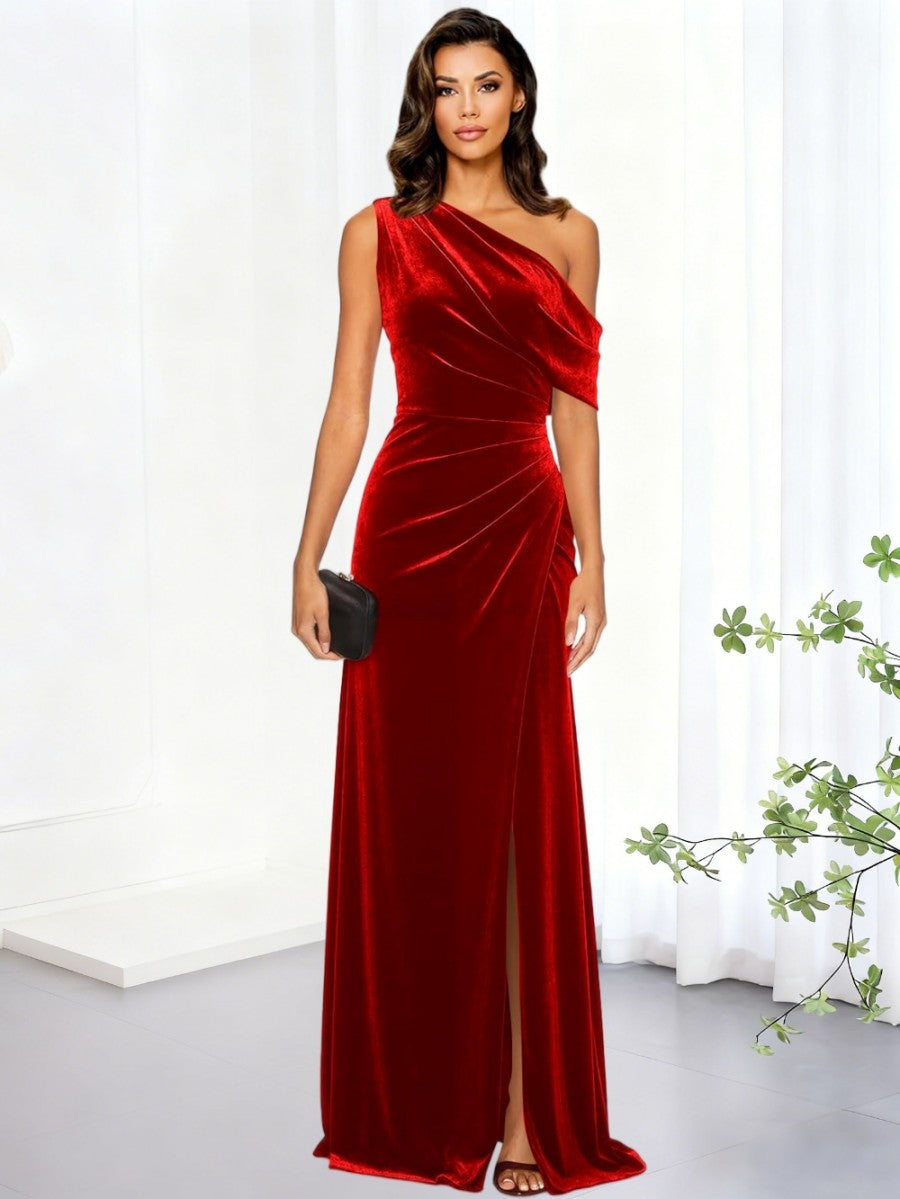 Sheath/Column Asymmetrical Shoulder Ruched Floor-Length Formal Dresses with Velvet