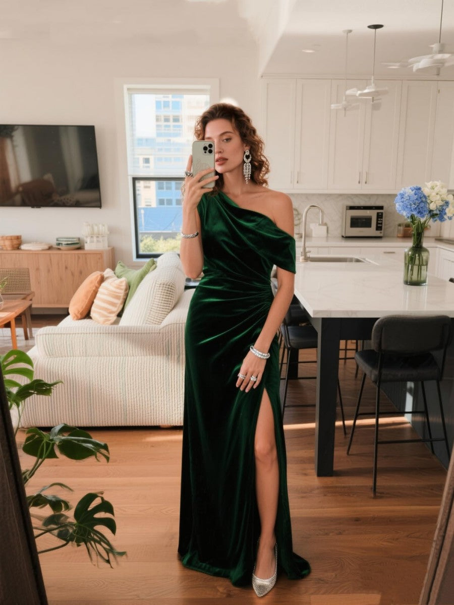 Sheath/Column Asymmetrical Shoulder Ruched Floor-Length Formal Dresses with Velvet