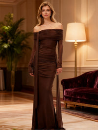 Sheath/Column Off Shoulder Long Sleeve Floor-Length Formal Dresses with Trail