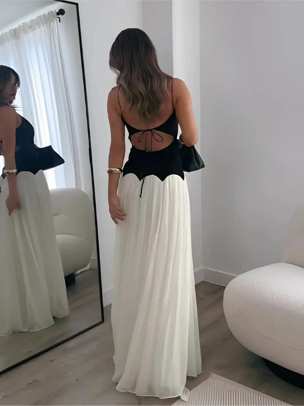 A-Line/Princess Spaghetti Strap Floor-Length Formal Dresses with Patchwork Chiffon