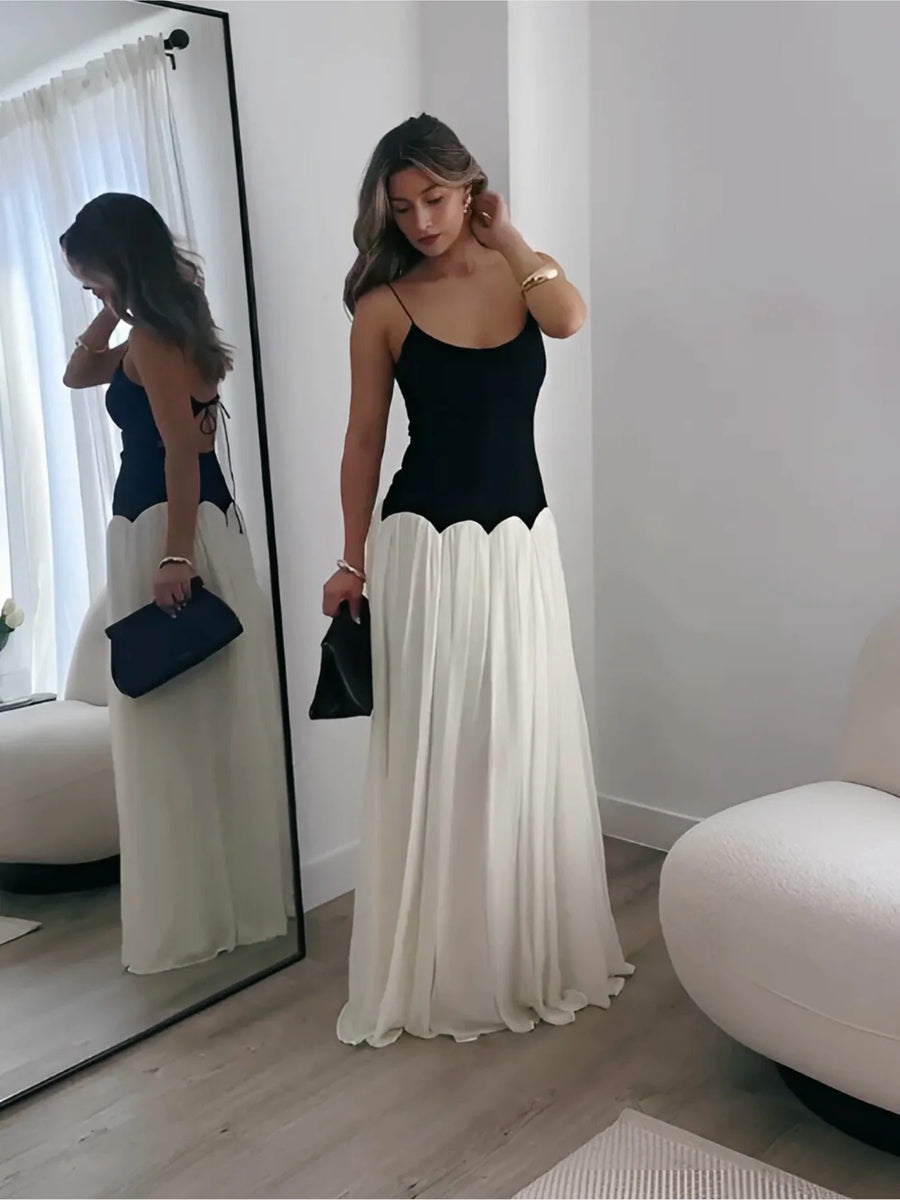 A-Line/Princess Spaghetti Strap Floor-Length Formal Dresses with Patchwork Chiffon