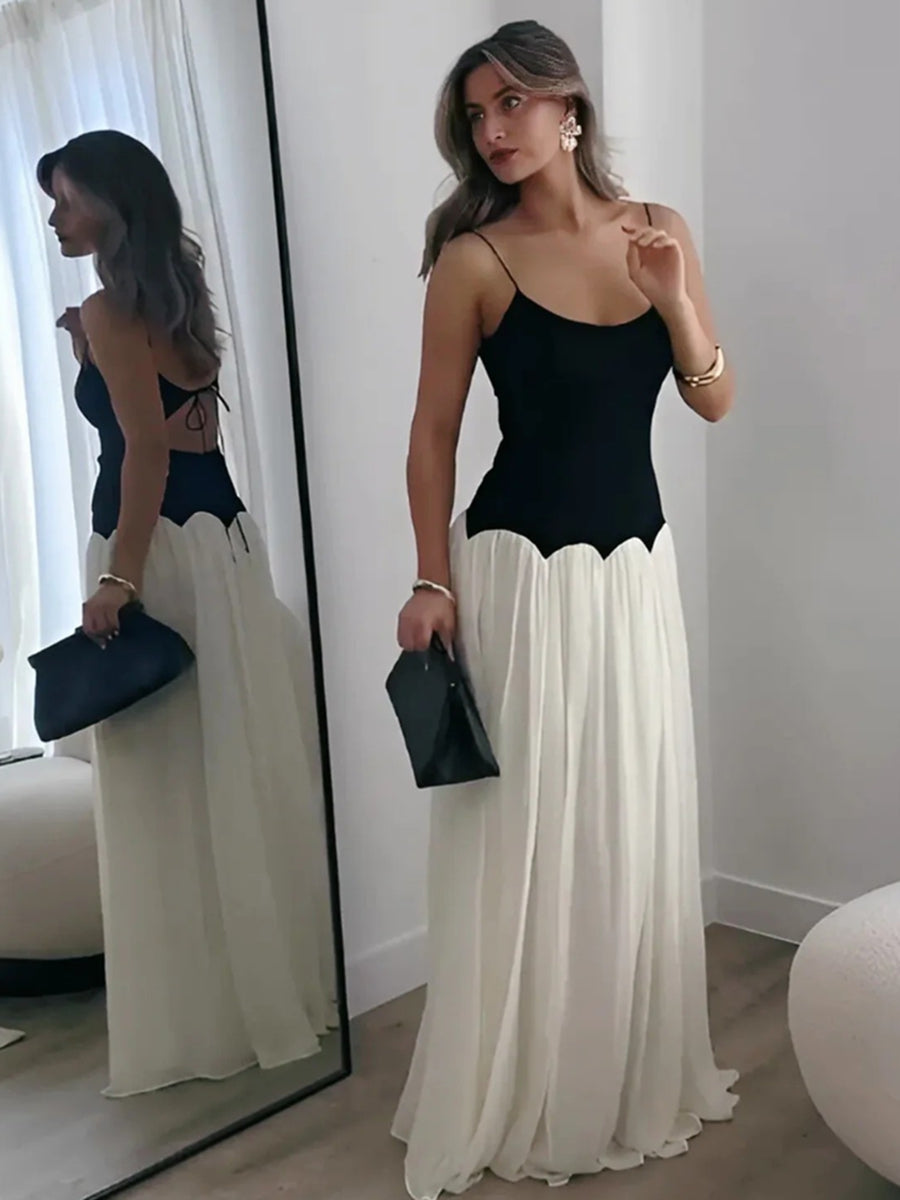 A-Line/Princess Spaghetti Strap Floor-Length Formal Dresses with Patchwork Chiffon